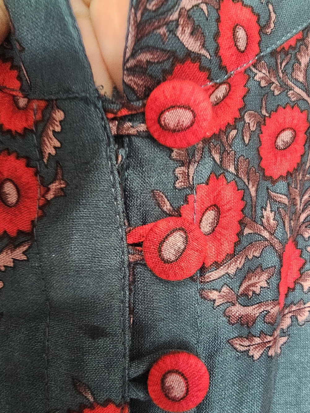 Vintage Teal Red Floral Satin Boho Maxi Dress Mandarin Collar Cottagecore - Picture 6 of 14